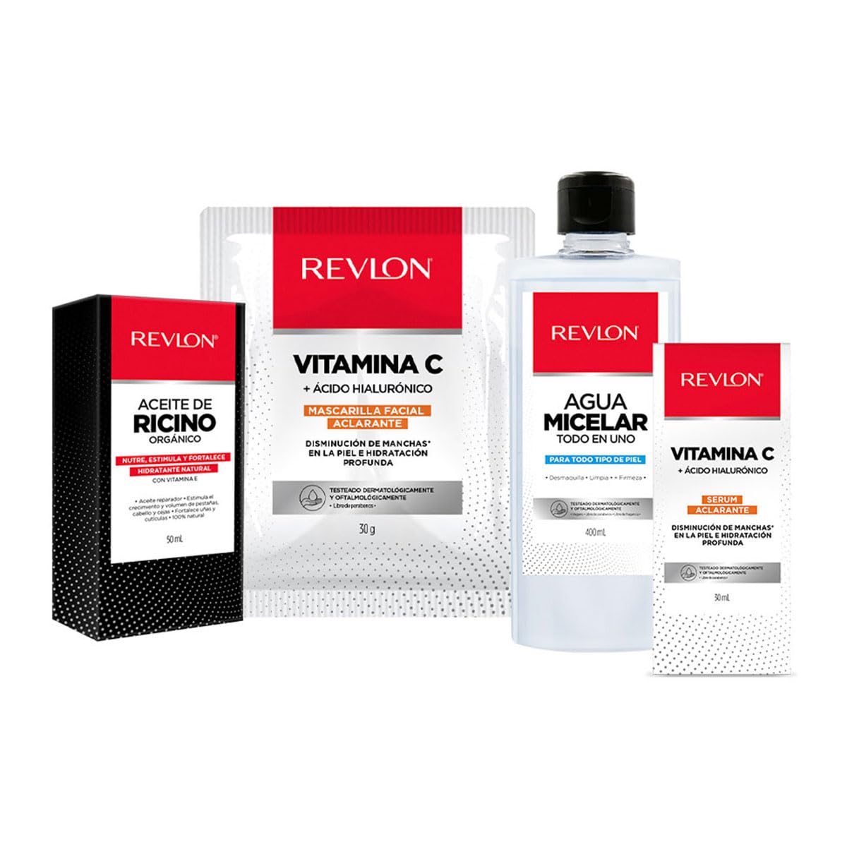 Revlon - Set Aceite de Ricino, Agua micelar todo en 1, Mascarilla Facial y Suero de Vitamina C