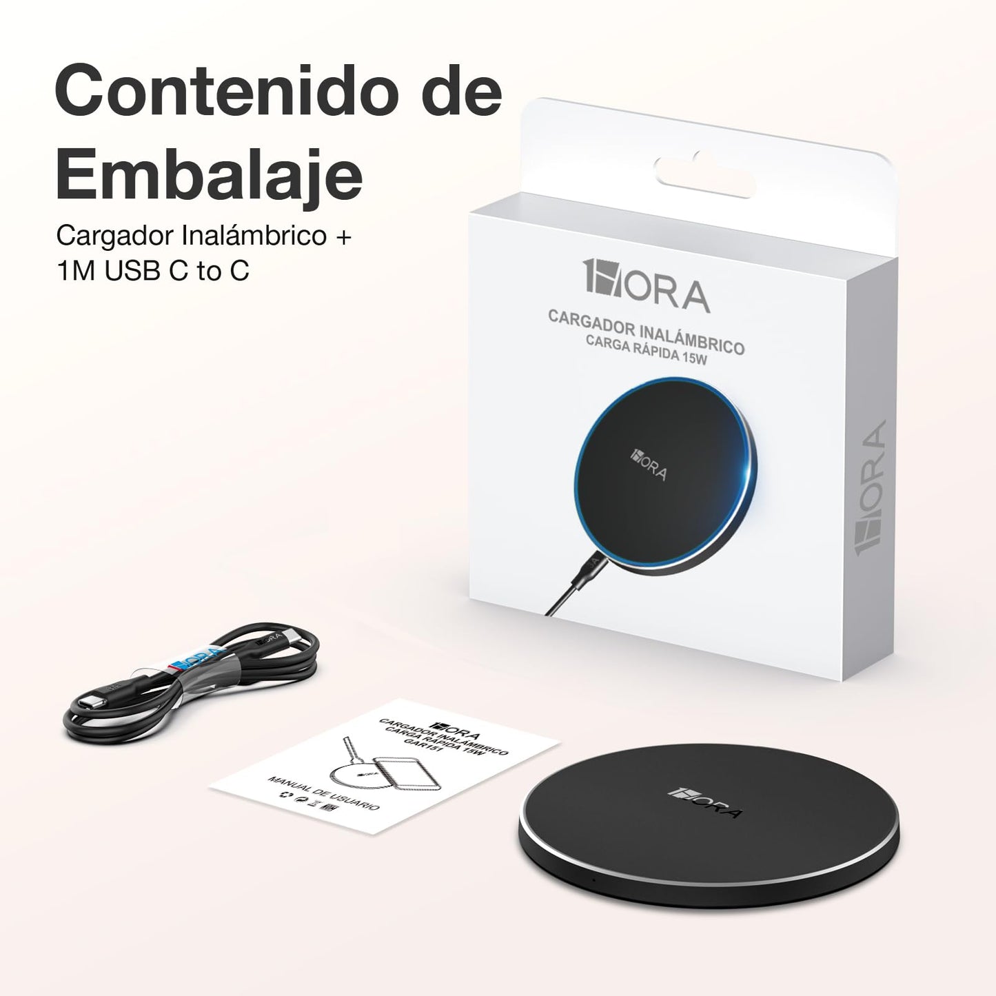 1 Hora Cargador Inalámbrico 15W, Wireless Charger Qi con Cable 3A Compatible para iPhone, Samsung, Huawei, Xiaomi, Airpods 3rd etc