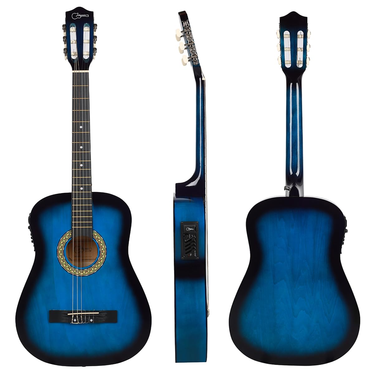 Guitarra electroacústica clásica de sapeli de 38 pulgadas con cuerdas de nailon, estuche de transporte y ecualizador de 4 bandas (Blue)