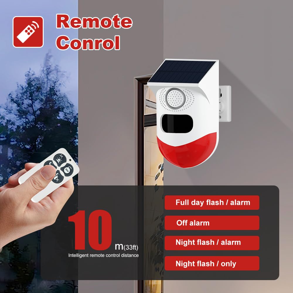 Alarma de Sonido Solar con Luz Estroboscópica de 120 dB Impermeable IP67 con Mando a Distancia para el Hogar y Granja
