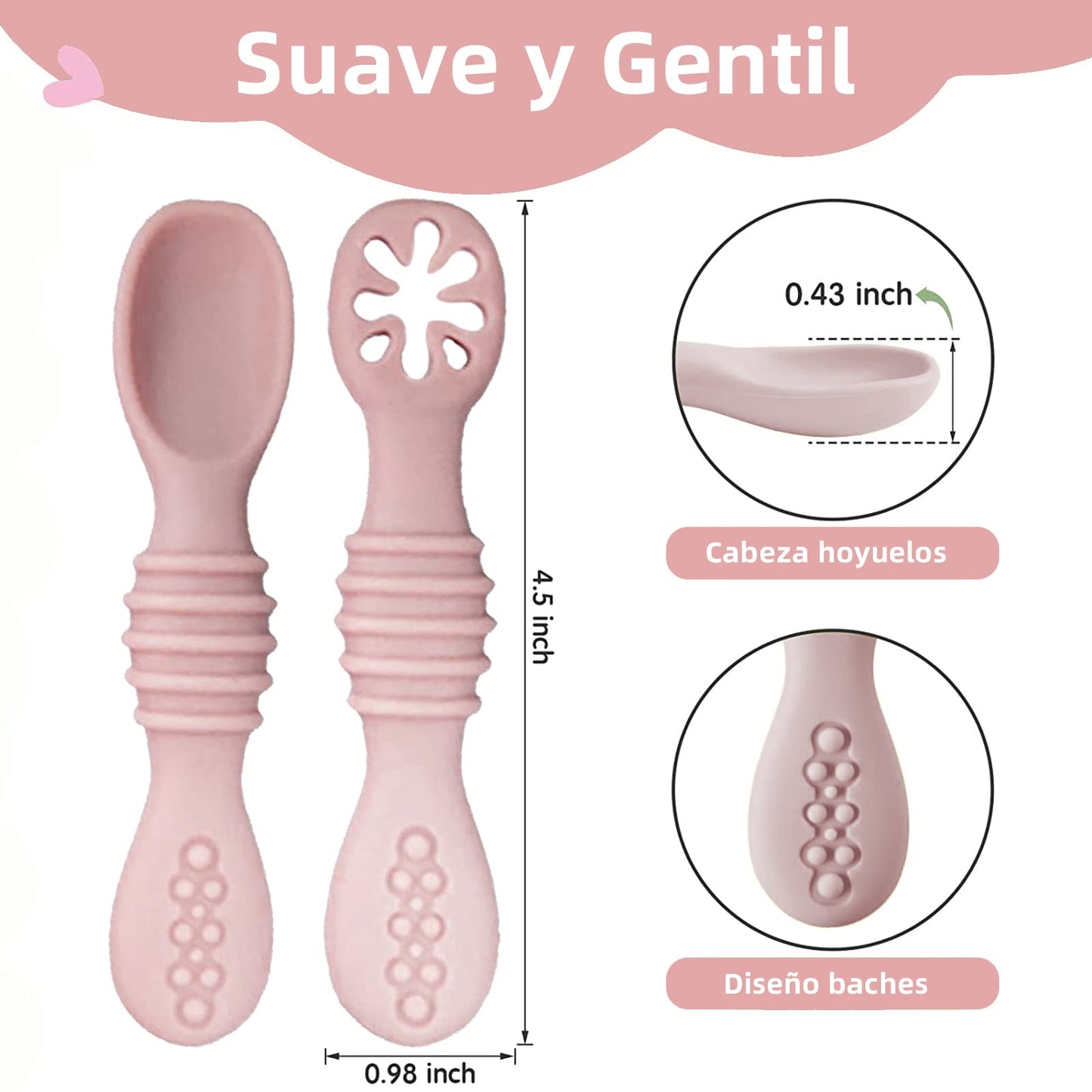 LEIDSANY Cucharas para bebe, cucharas de silicio para dietas de entrenamiento, silicona suave no contiene BPA, ejerce hábitos alimenticios independientes, aptos para bebe de todas etapas(Rosa)