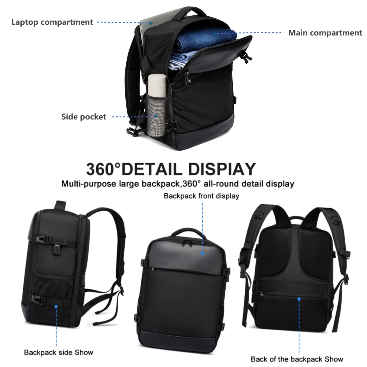 Mochila de Viaje Negro con Puerto de Carga USB Aprobada por Avión para Computadora Portátil de 15,6 Pulgadas, 20 L para Hombre y Mujer