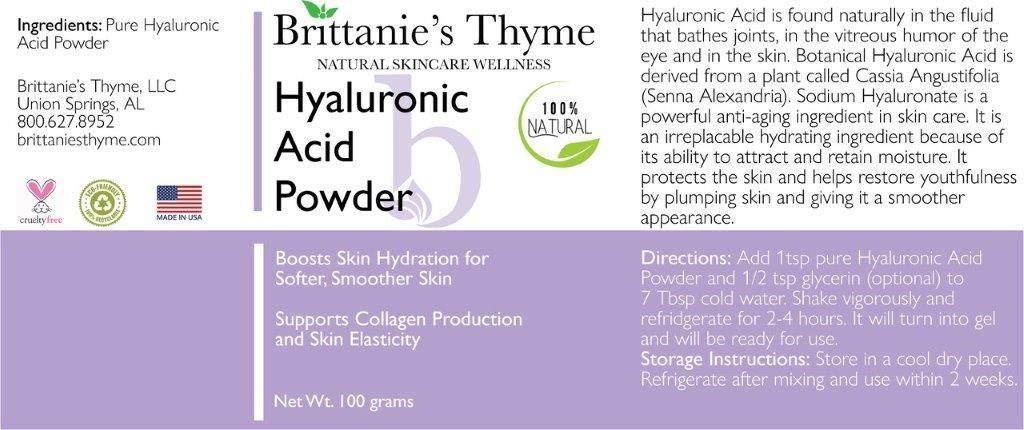Suero en Polvo de Ácido Hialurónico Britannie’s Thyme Puro Natural, Mejora la Hidratación de la Piel