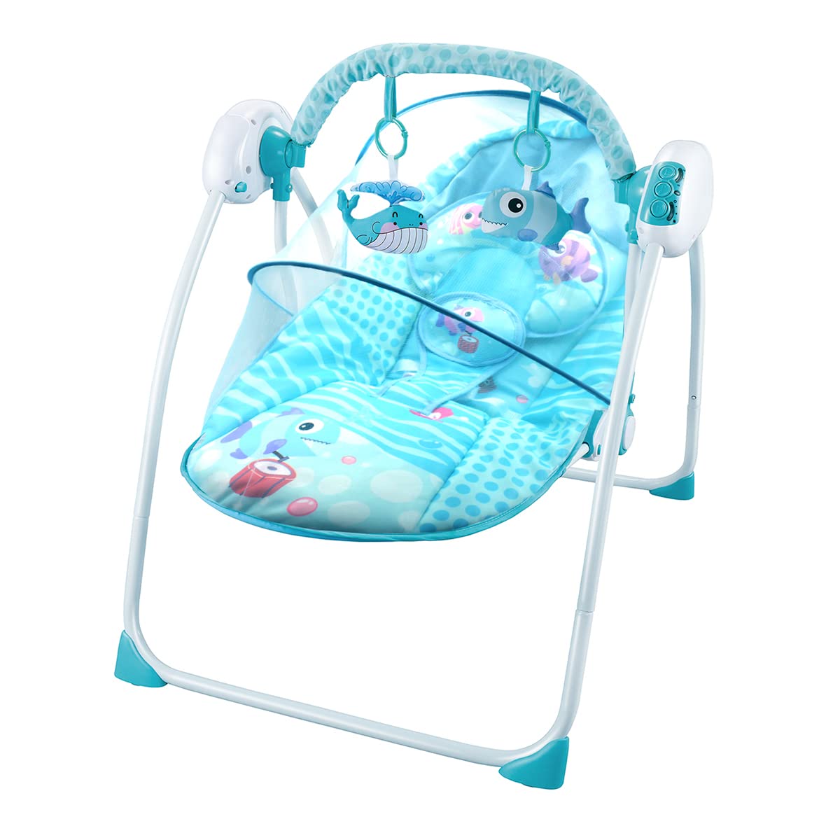 Silla Mecedora Eléctrica Raganet Azul con Control Remoto y Mosquitero para Bebés