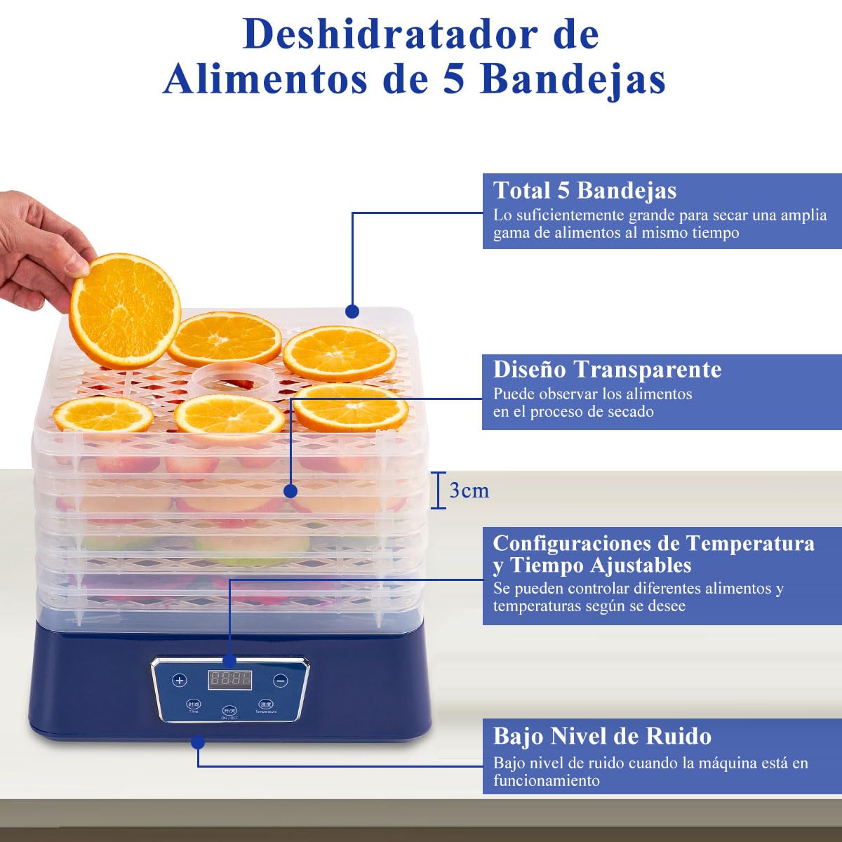 AHILAX Deshidratador de Alimentos Máquina Deshidratadora de Frutas y Verduras con 5 Bandejas, Secadora Eléctrico de Alimentos con Control de Temperatura Y Temporizador Ajustable para Carnes y Hierbas