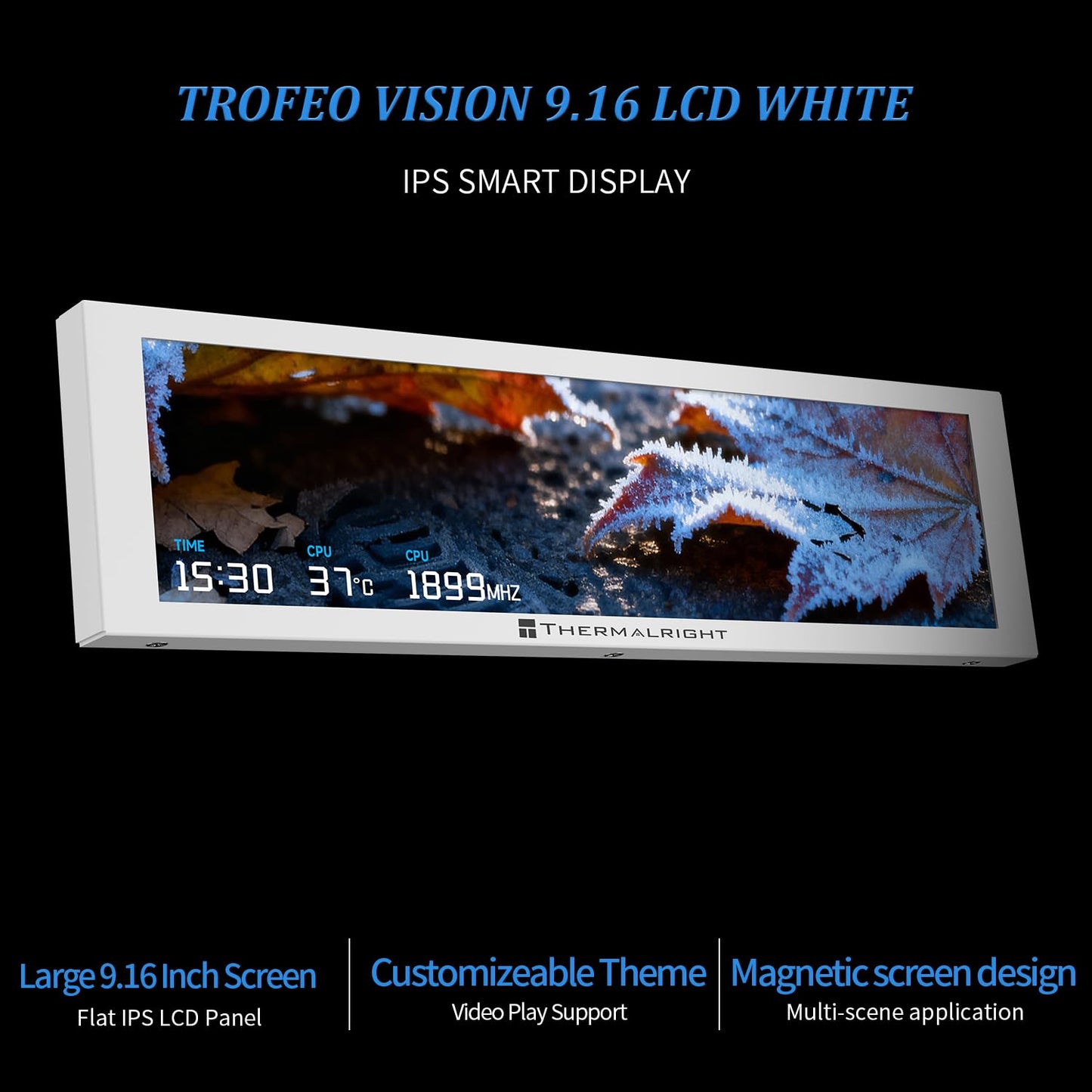 Thermalright TV 9.16 visualización LCD blanca – Succión magnética, panel IPS de 9.16 pulgadas, resolución de 1280 x 480 para conmutación de imagen estática/dinámica, se puede emparejar con un