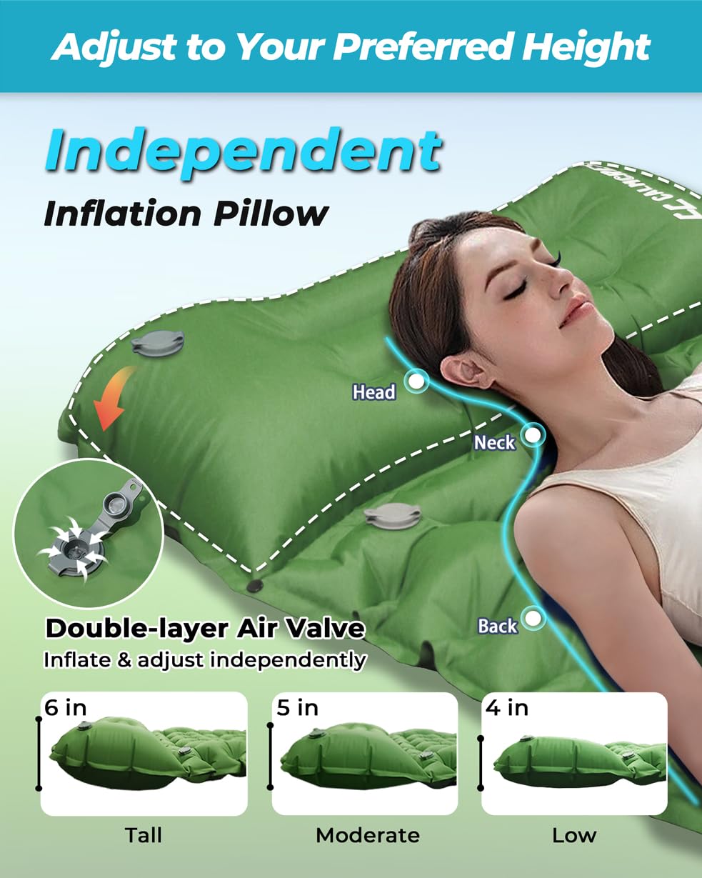 COOLERO - Cojín de dormir inflable ultraligero con bomba incorporada, almohadilla portátil para acampar, compacto, ligero, cómodo y para mochileros, senderismo