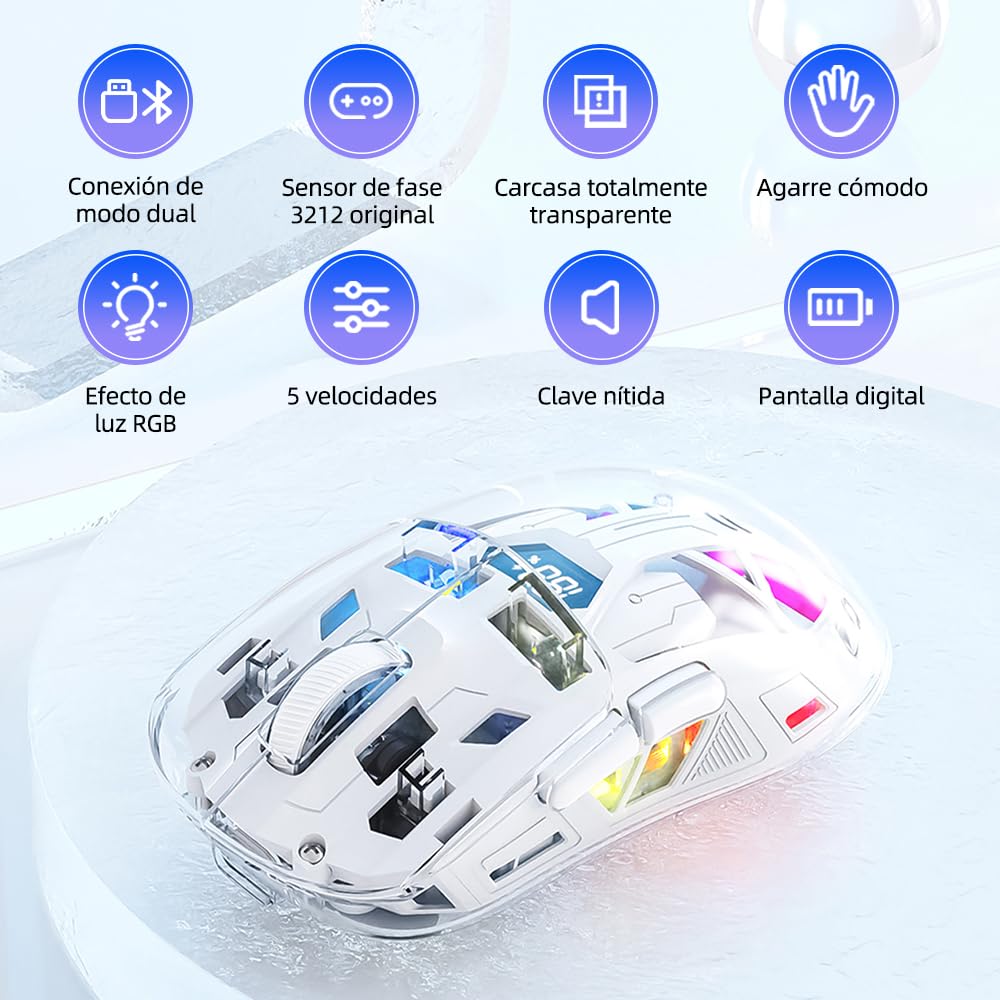 Free Wolf Mouse Inalámbrico A2, Bluetooth y 2.4GHZ Dual Modos, Ratón Recargable con Pantalla de Batería, 4000DPI Ajustable Transparente RGB Mouse Gamer