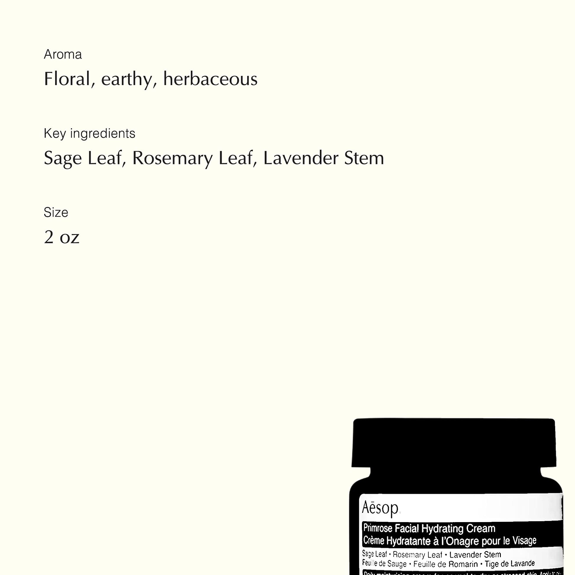 Crema hidratante facial Aesop Primrose, 59.14ml - Ideal para piel seca y deshidratada