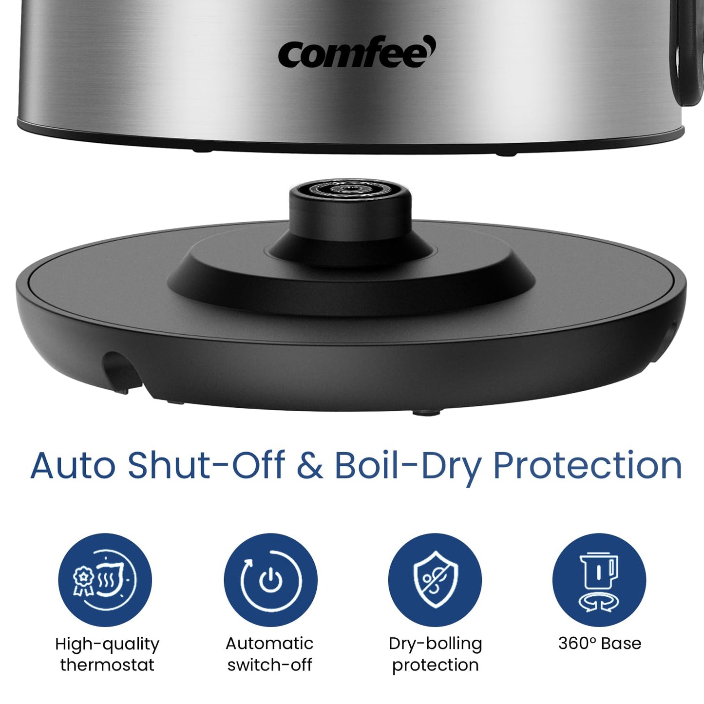 COMFEE' Hervidor eléctrico de acero inoxidable, hervidor eléctrico y de agua caliente de 1,7 litros, hervidor rápido de 1500 W con luz LED, apagado automático y protección contra ebullición en seco