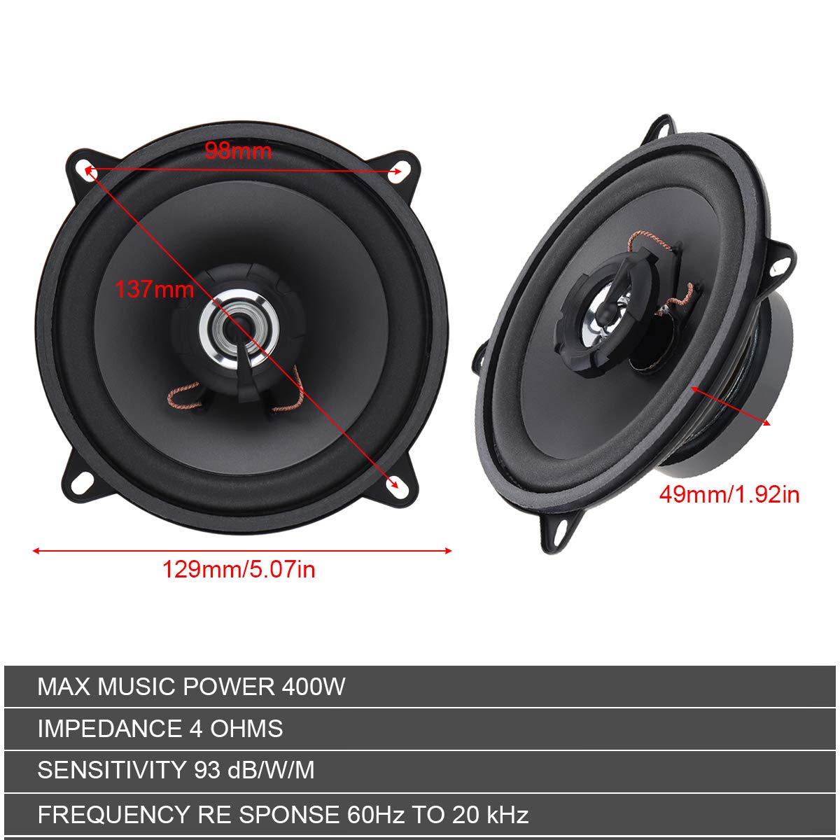 ePathChina - Altavoz coaxial de alta fidelidad de 2 vías de 5 pulgadas, 400 W, para puerta de vehículo, audio automático, música estéreo, rango completo