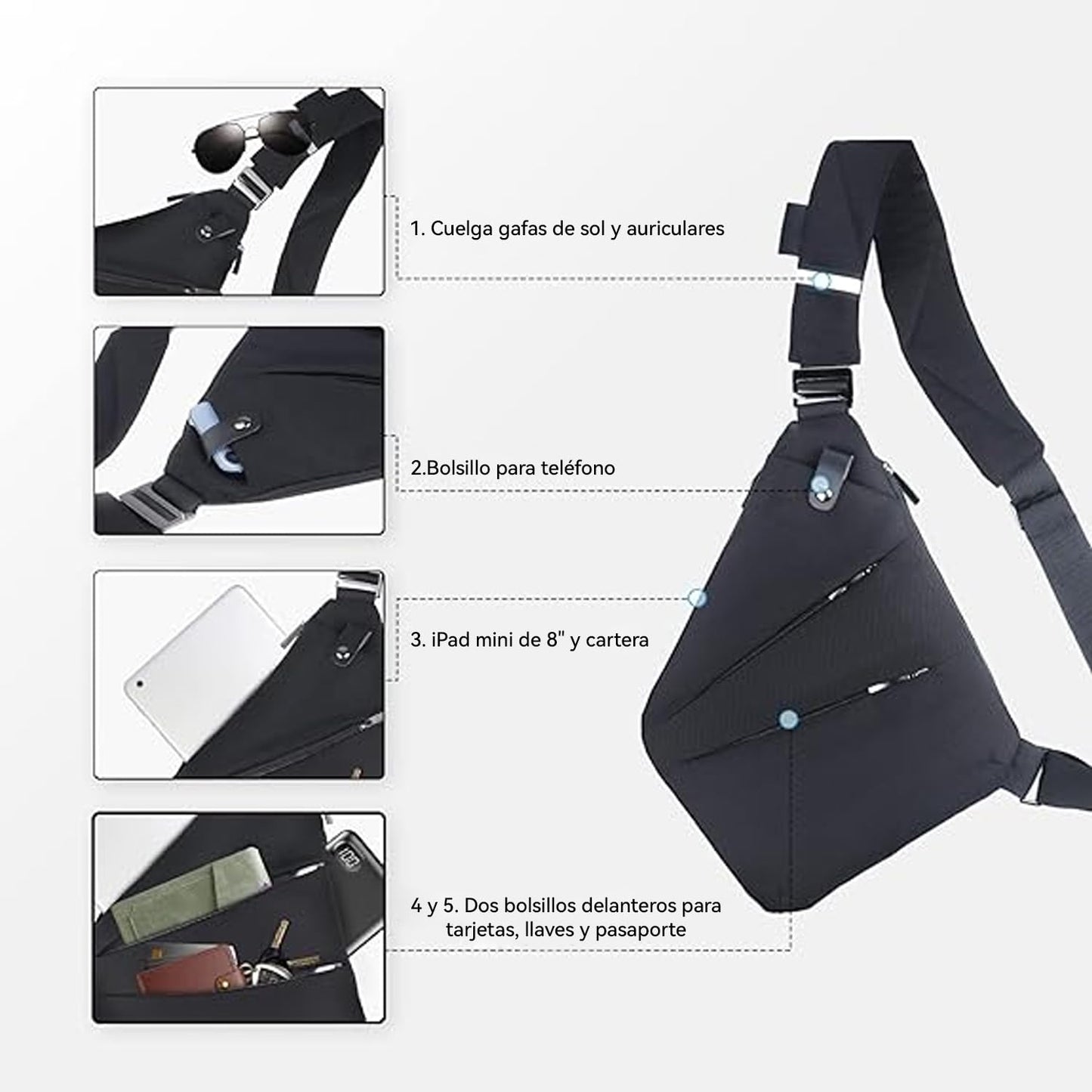 CXJYSD Bolso De Hombro De Viaje Personal, Bolso Cruzado Antirrobo Con Múltiples Bolsillos, Bolso Cruzado Ligero Para Deportes De Viaje Al Aire Libre Para Hombres Y Mujeres (negro-03)