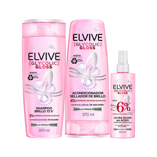 Kit L'Oréal Paris Elvive Tratamiento Ultra Gloss Glycolic Gloss 200 ml, + Elvive Acondicionador Glycolic Gloss, con Ácido Glicólico, 370 ml + Shampoo Glycolic Gloss, con Ácido Glicólico, 370 Ml