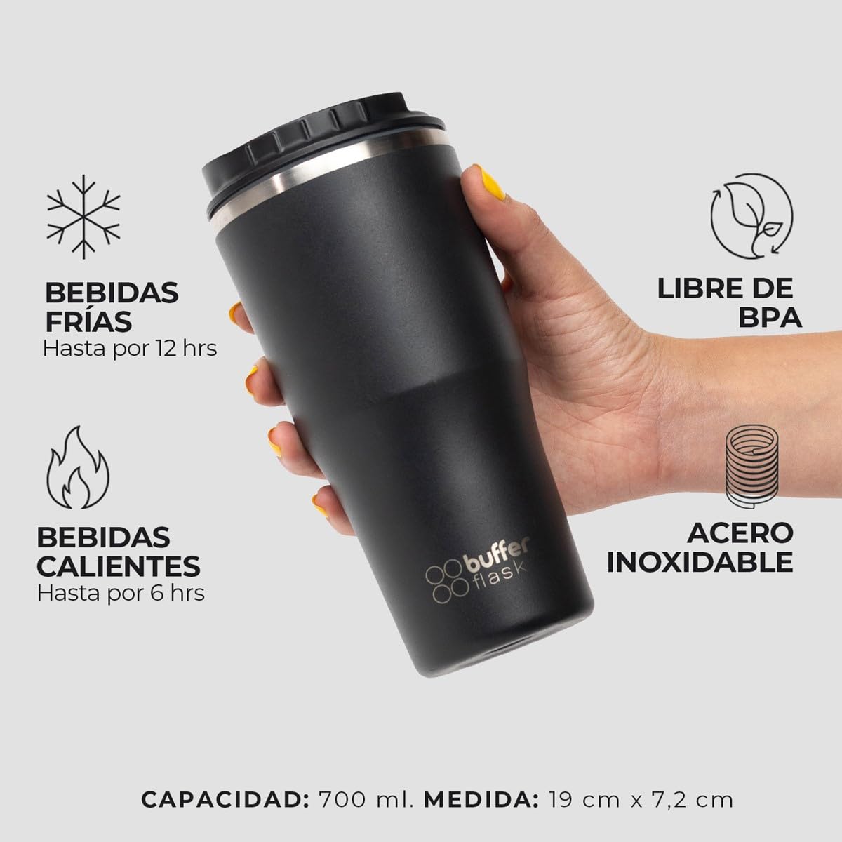 Buffer Flask - Vaso Térmico 700 ml - Termo para Café y Agua de Acero Inoxidable - Tapa Anti Derrame y Fugas - Taza Tumbler Mug para Bebidas Frías y Calientes - Incluye Popote - Color Negro