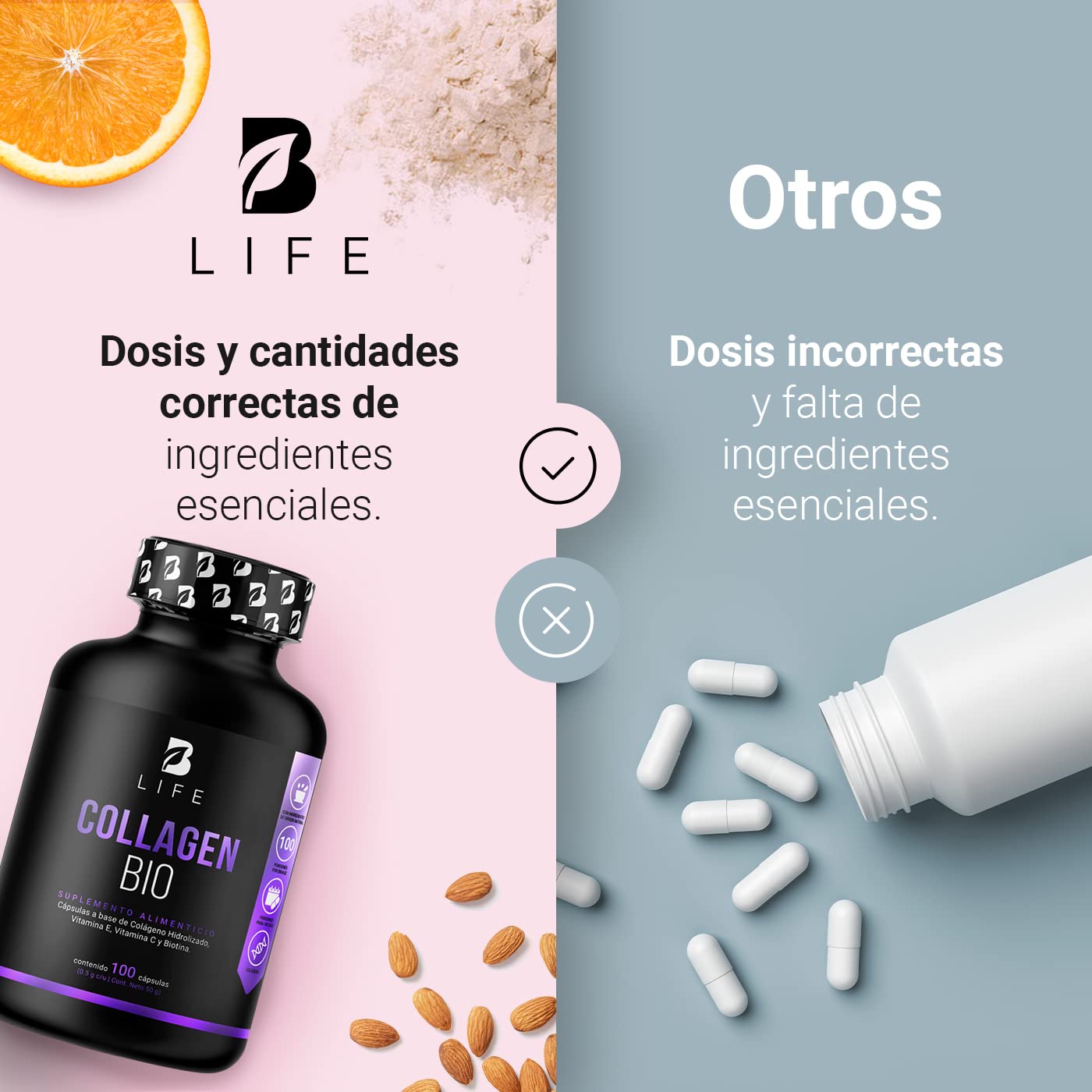 Biotina de 100 Cápsulas. Ingredientes naturales: Colágeno, Vitamina E y Vitamina C. Collagen Bio B Life.