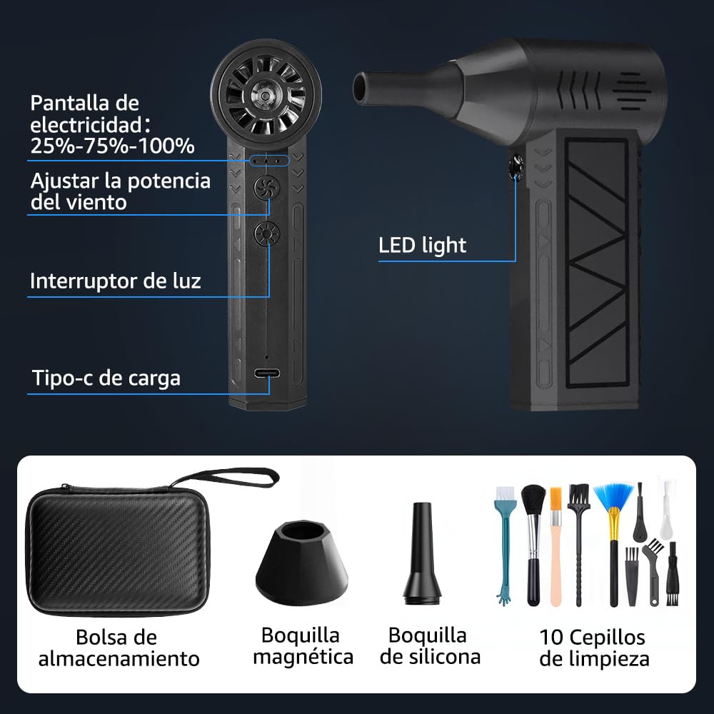 HomeChi Plumero de Aire Eléctrico, Plumero de 130000 RPM con Práctica Luz Nocturna y Cepillo, Sopladoras Recargable con Bolsa organizadora para Muebles Limpieza de Teclado y PC