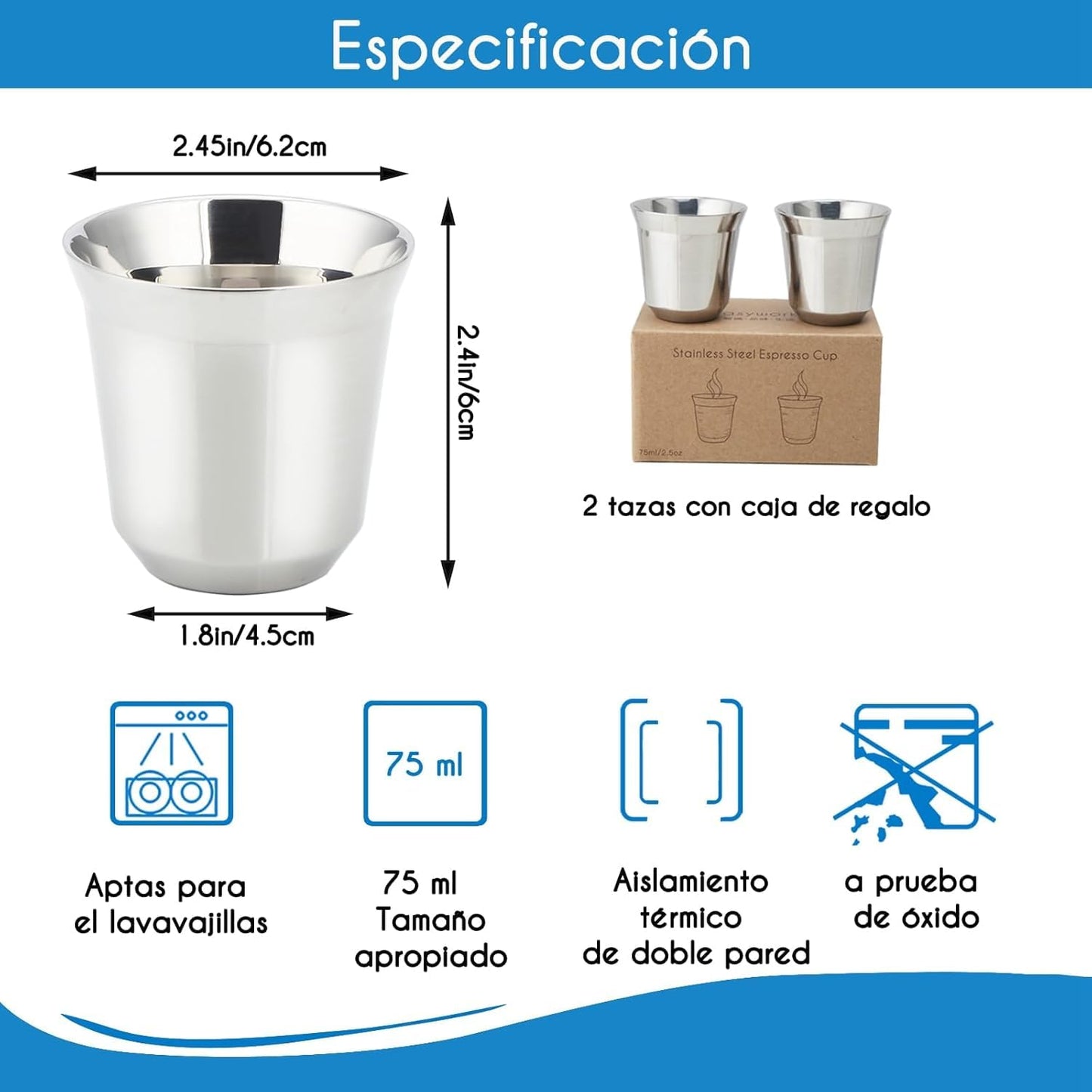 Juego de Tazas de Espresso Easyworkz Acero Inoxidable Aislamiento Doble Pared