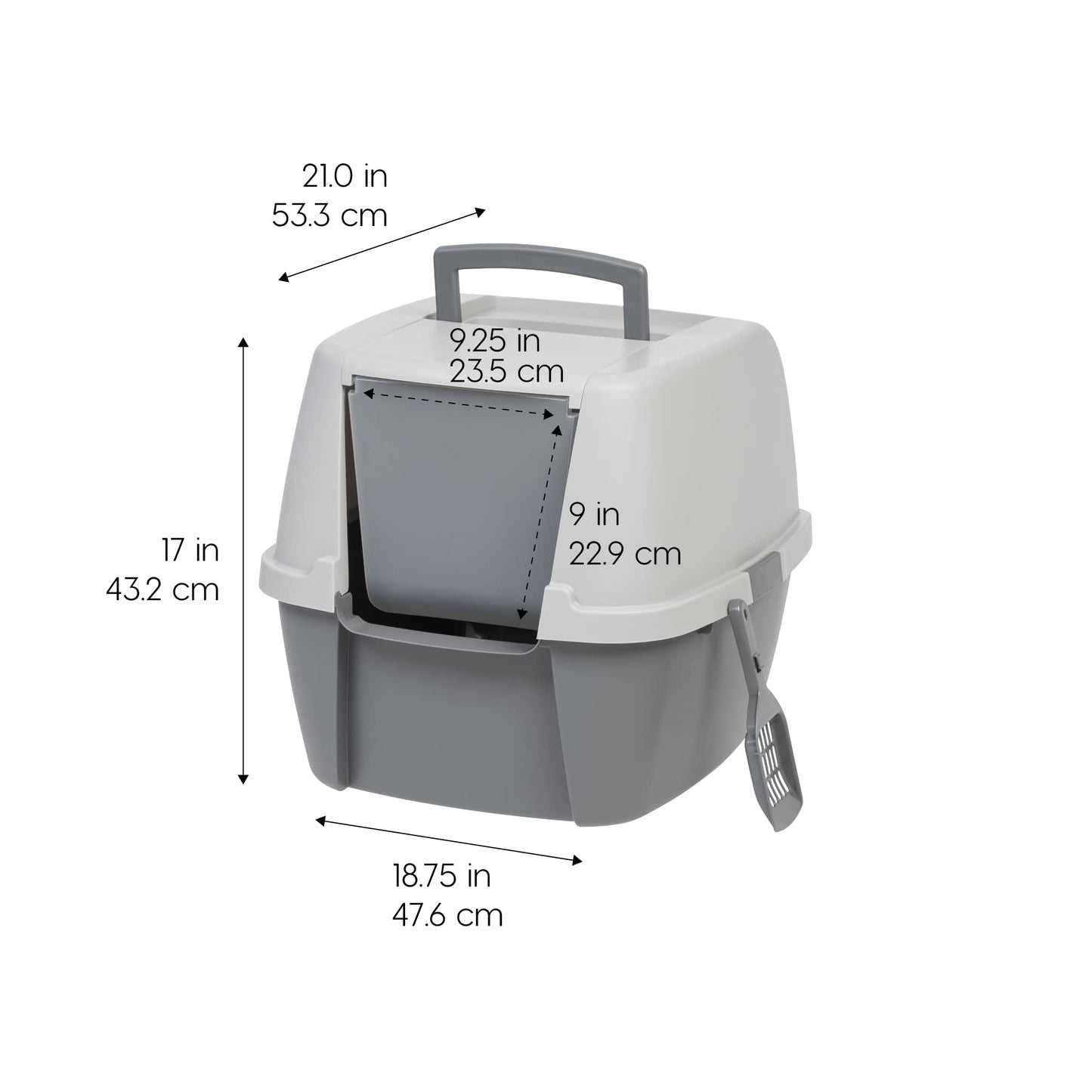 IRIS USA Jumbo Enclosed Cat Litter Box with Front Door Flap and Scoop, Hooded Kitty Litter Tray with Handle and Buckles for Portability and Privacy, Gray