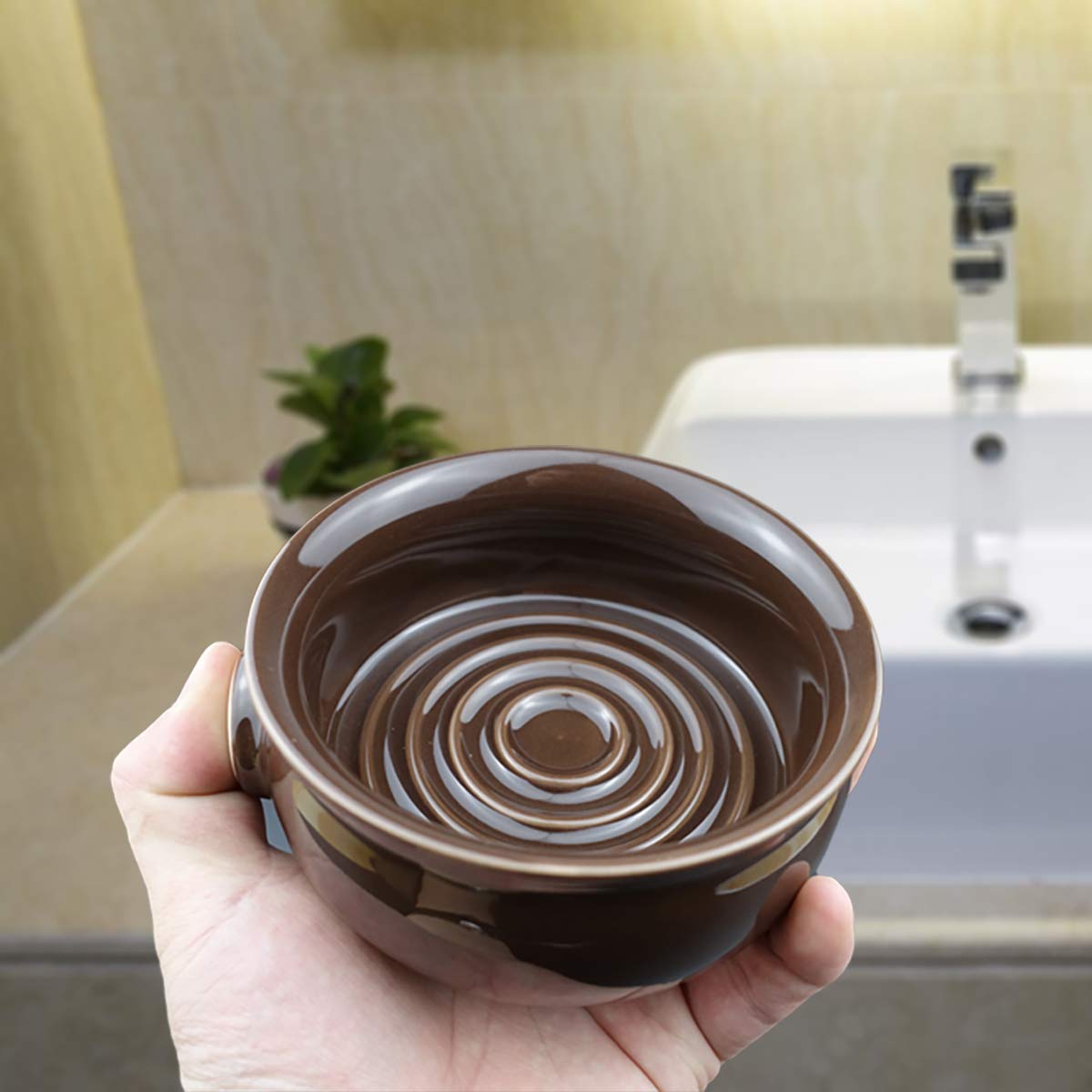 Bicrops - Jabón de cerámica para afeitar para hombres, mango antideslizante, boca ancha, gran capacidad, más fácil de hacer espuma, color café