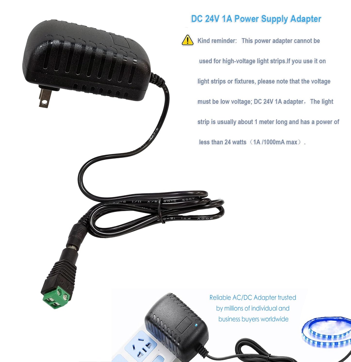 Adaptador de CA Negro para Tira de Luz LED, Cámara CCTV, Bomba de CC 24V 1A 24W Enchufe 5,5mm x 2,5mm