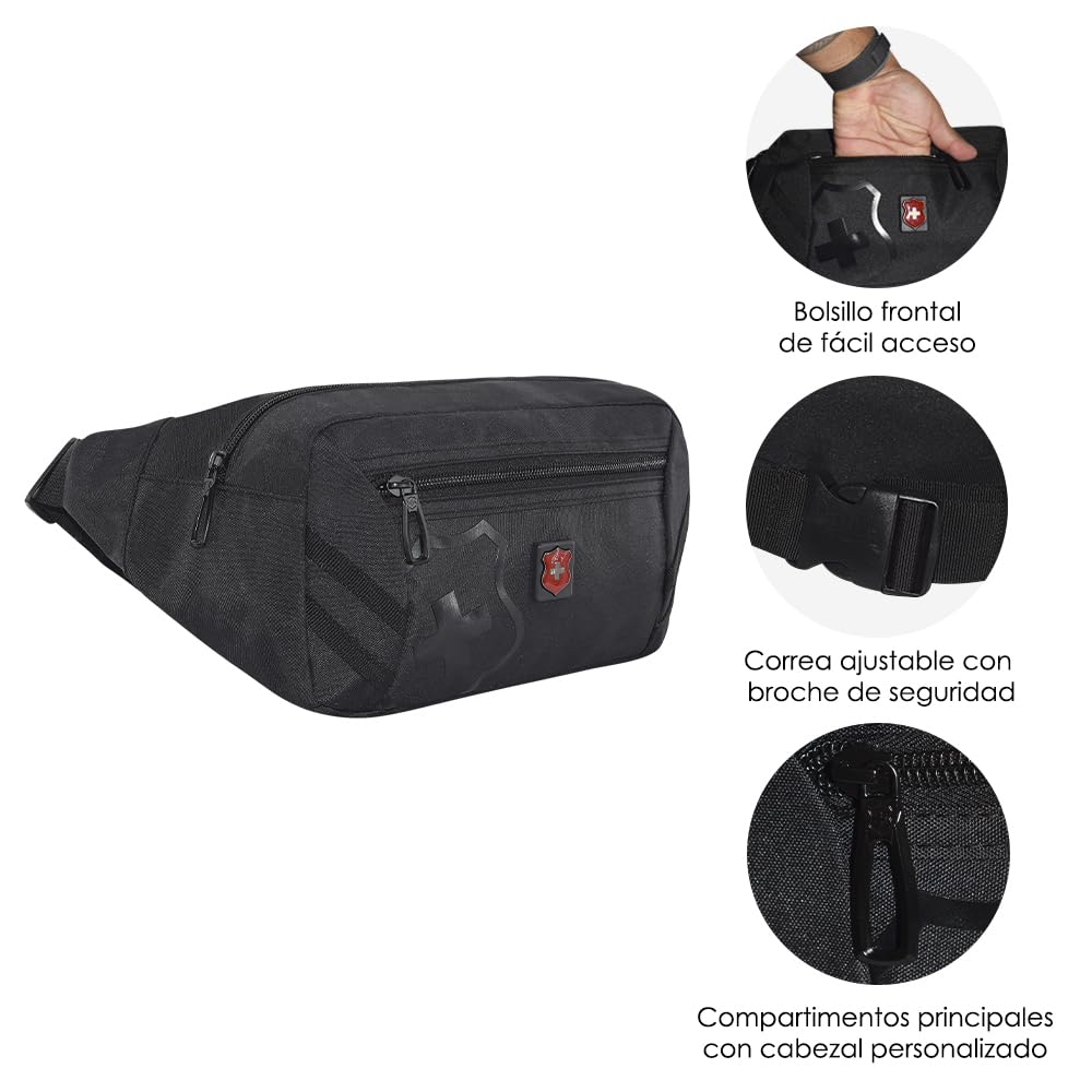Cangurera Royal Swiss® Deportiva, Bolsa De Viaje con Cinta de Ajuste con Clip, Compartimiento Amplio, Riñoneras Deportivas de Hombres y Mujeres para Correr, Ciclismo y más. (Negro)