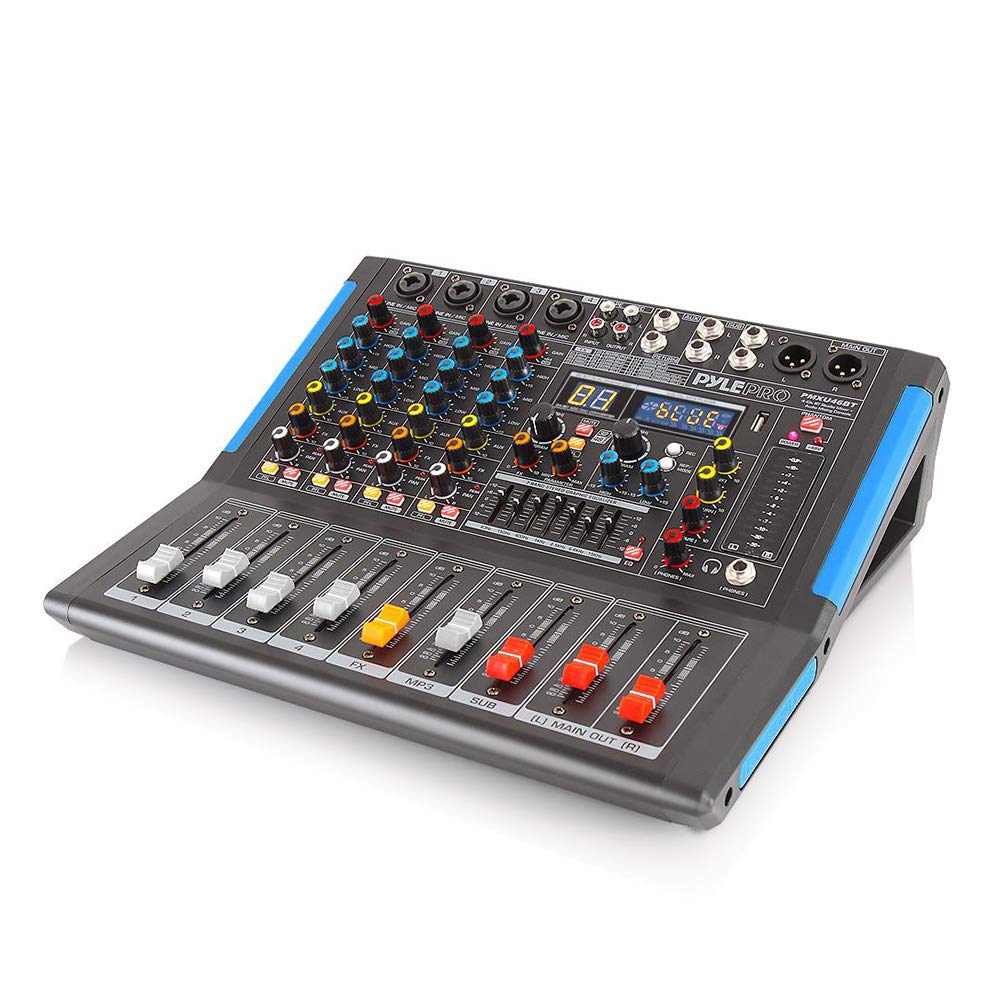 Bluetooth Studio Audio Mixer - Interfaz de controlador de sonido DJ con unidad USB para entrada de grabación de PC, conector de micrófono XLR, alimentación de 48V, entrada / salida para profesionales y principiantes, 4 canales Pro, Negro