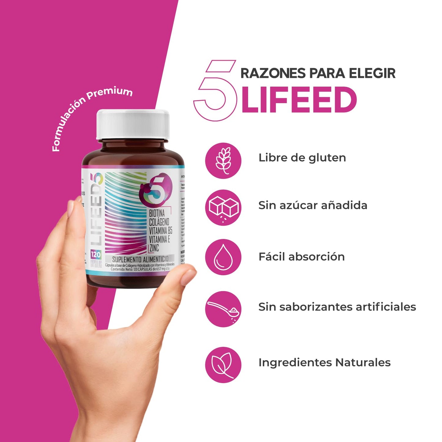 LIFEED Biotina, Colageno Hidrolizado Puro, Vitamina E, Vitamina B5 y Zinc | Suplemento Multivitaminico Mujer y Hombre | Cabello, Piel y Uñas | 120 Cápsulas | Vitaminas para el Cabello