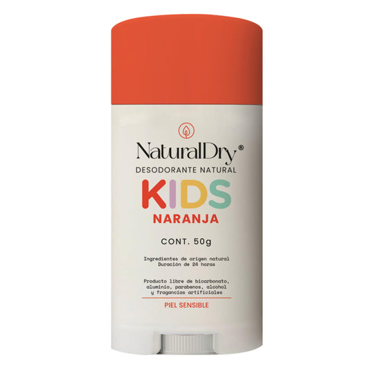 NaturalDry - Kids Piel Sensible - Desodorante SIN Bicarbonato de Sodio - Natural para niños - No obstruye los poros - Elimina el mal olor - SIN ALUMINIO - Sin parabenos - Aroma Naranja - en barra (1 unidad)