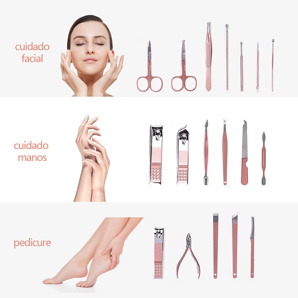 Set de manicura HONGHCL 23 en 1 Acero Inoxidable - Kit Completo para Uñas y Cutículas en Caja de Cuero Rosa