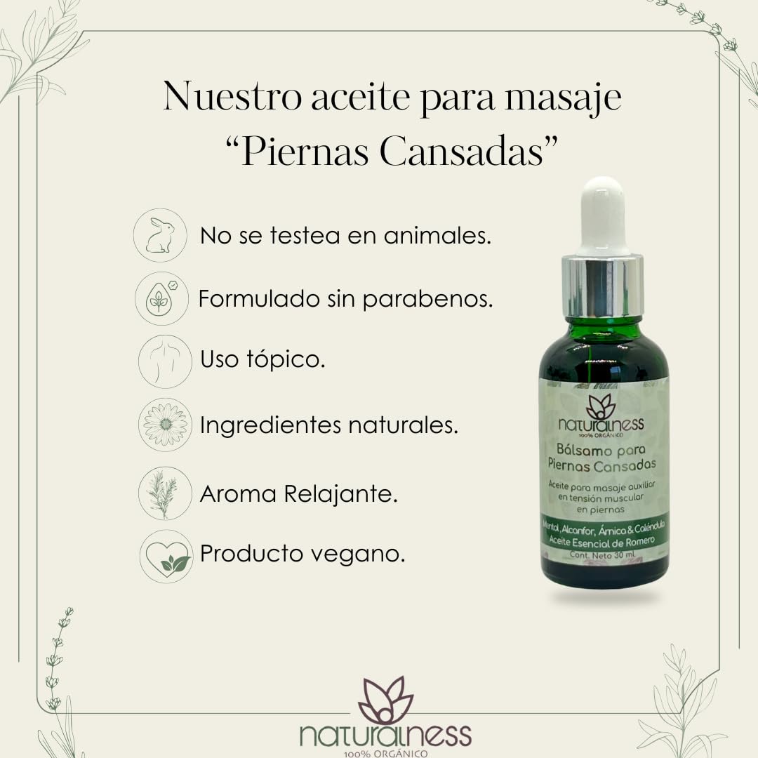 Aceite para Masaje Naturalness Piernas Cansadas Bálsamo Refrescante con Mentol, Alcanfor y Romero