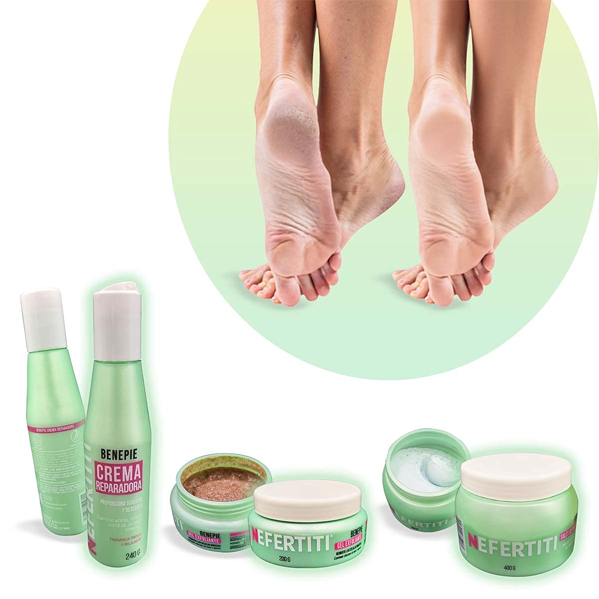 Kit spa profesional para pies - Benepie Nefertiti - Sales refrescantes efervescentes - Gel exfoliante para pies - Crema reparadora - kit con 3 pzas + cosmetiquera gratis