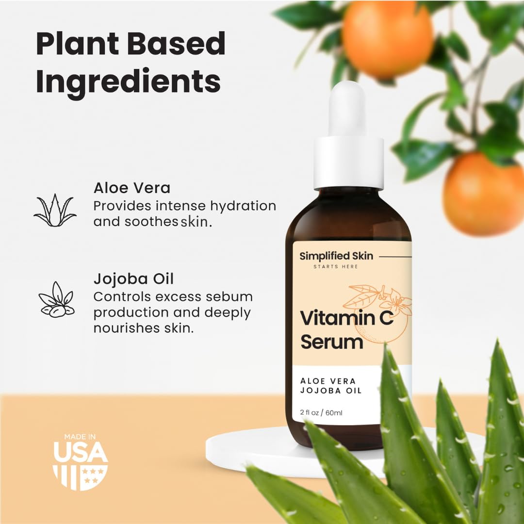 Sérum de vitamina C 20% para cara y ojos (2 onzas), tratamiento antienvejecimiento, arrugas, acné y manchas oscuras con ácido hialurónico y suero facial antioxidante de Simplified Skin