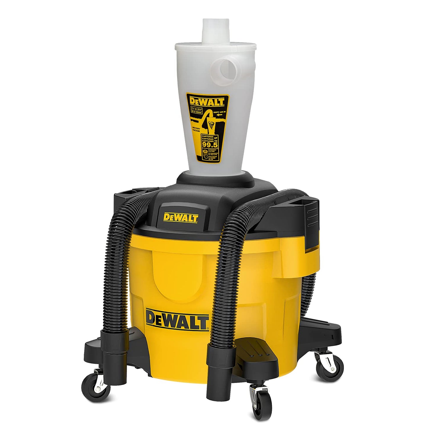 DEWALT Separador de Polvo con Tanque de Polietileno de 6 galones, colector de Polvo ciclón de eficiencia 99.5%, Filtro colector de Polvo de Ciclo de Alto Rendimiento, DXVCS002, Amarillo