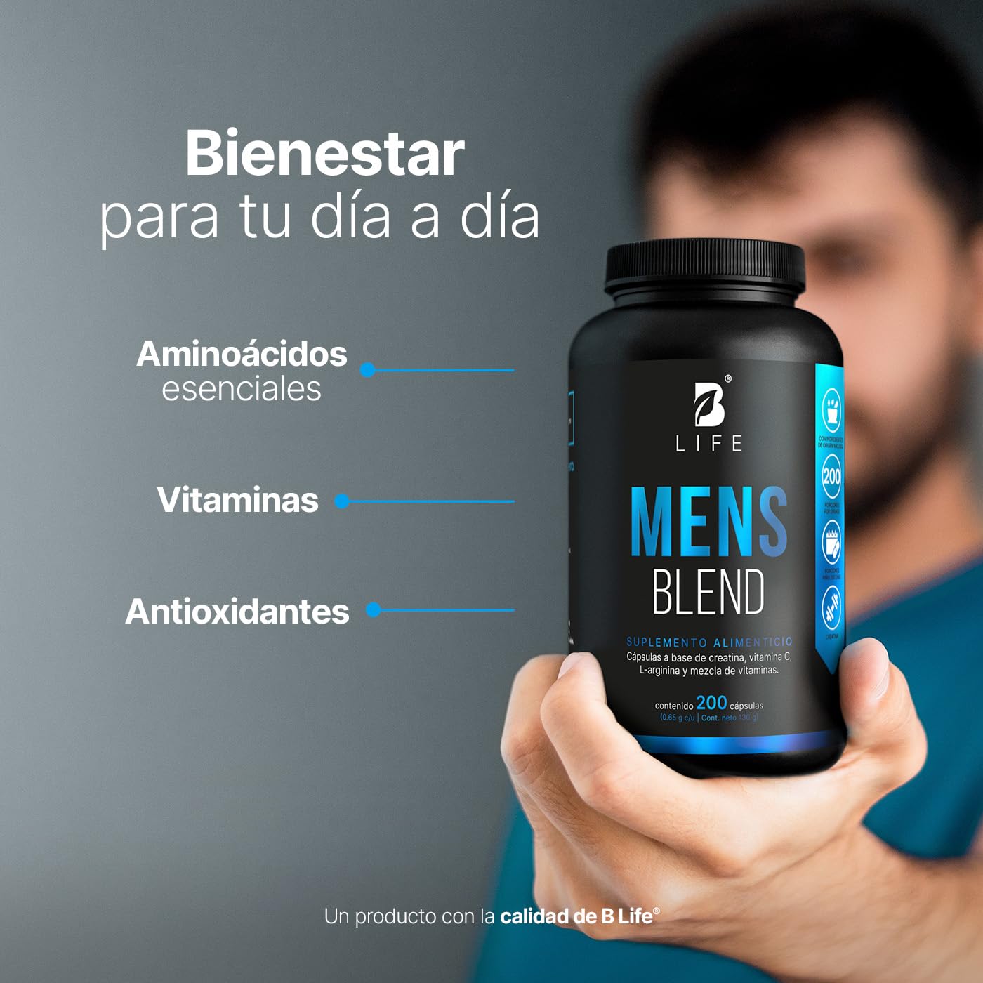 B Life Multivitamínico para Hombre | 200 Cápsulas | 650 mg por porción | Creatina Monohidratada, BCAA 2:1:1 (L-Leucina, L-Isoleucina, L-Valina) y L-Arginina | Ingredientes Naturales | Mens Blend.