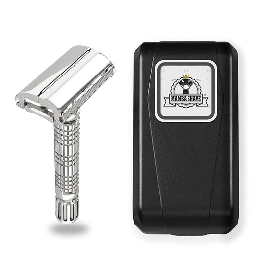 Mamba Shave Rastrillo para Afeitar Sleek Razor de Acero Inoxidable con 5 Navajas doble filo y Estuche con Espejo. Rastrillo de Doble Filo. Rastrillo de Seguridad. Rastrillo Mariposa. Safety Razor