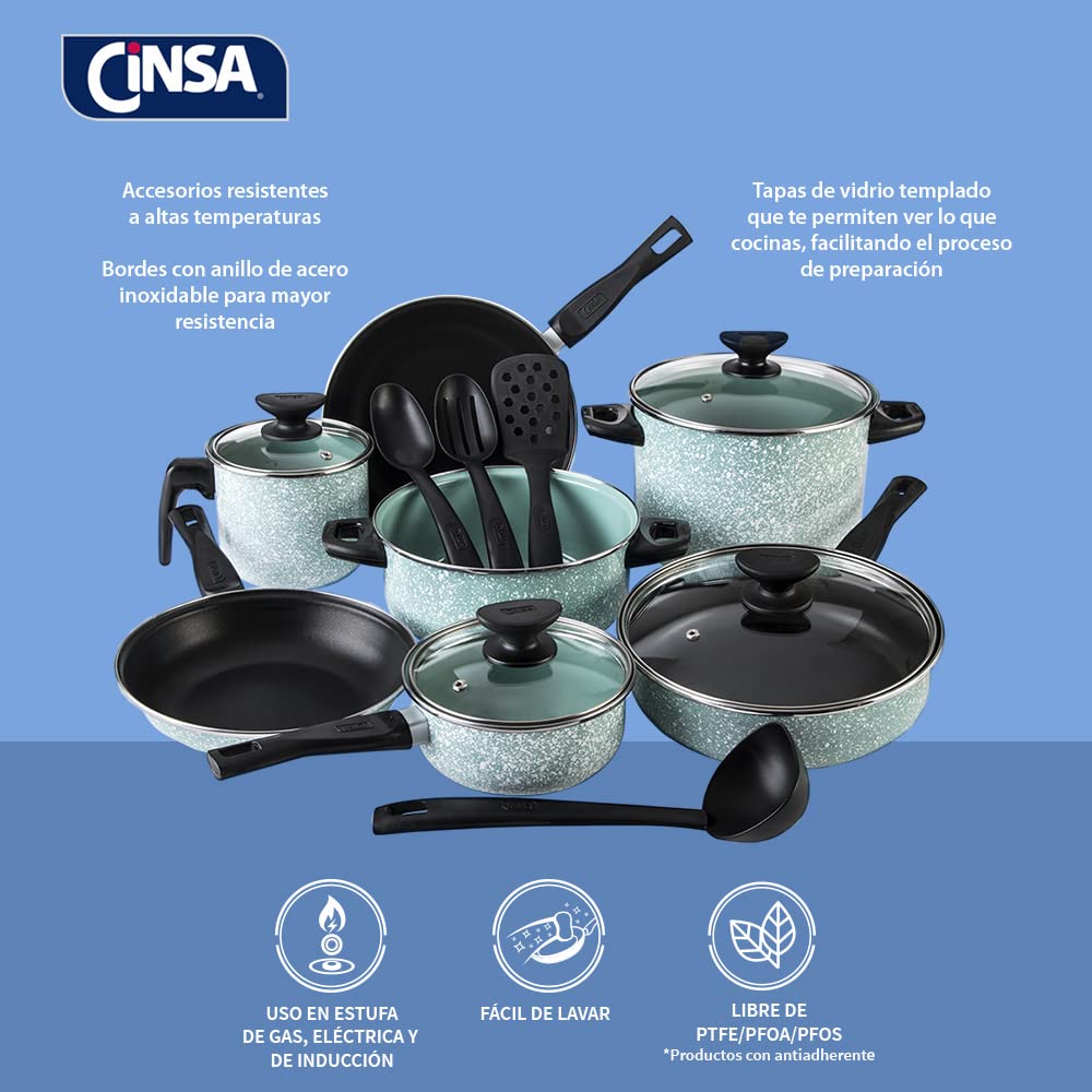 Cinsa Batería de cocina Granito Jade Menta 15 piezas, peltre pesado con antiadherente, tapas de vidrio templado, Jade Menta (15 piezas)