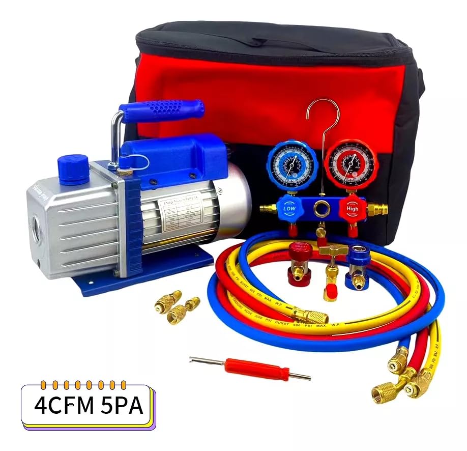 FIXITFAST 4cfm 1/3hp Bomba De Vacío + Manómetro R134a R22 R410a R404a Kit de refrigeración de colector de cuerpo de aluminio con bolsa de transporte para recarga y mantenimiento de refrigeración A/C