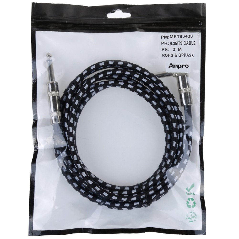 Anpro Cable Guitarra Electrica, Cable para Instrumentos 6.3mm 3M, Lead Balanceado Audio Estéreo 1/4 Pulgadas Macho 6.3 Jack, Cable para Bajo Electrico, Teclado, Mezclador de Forma L