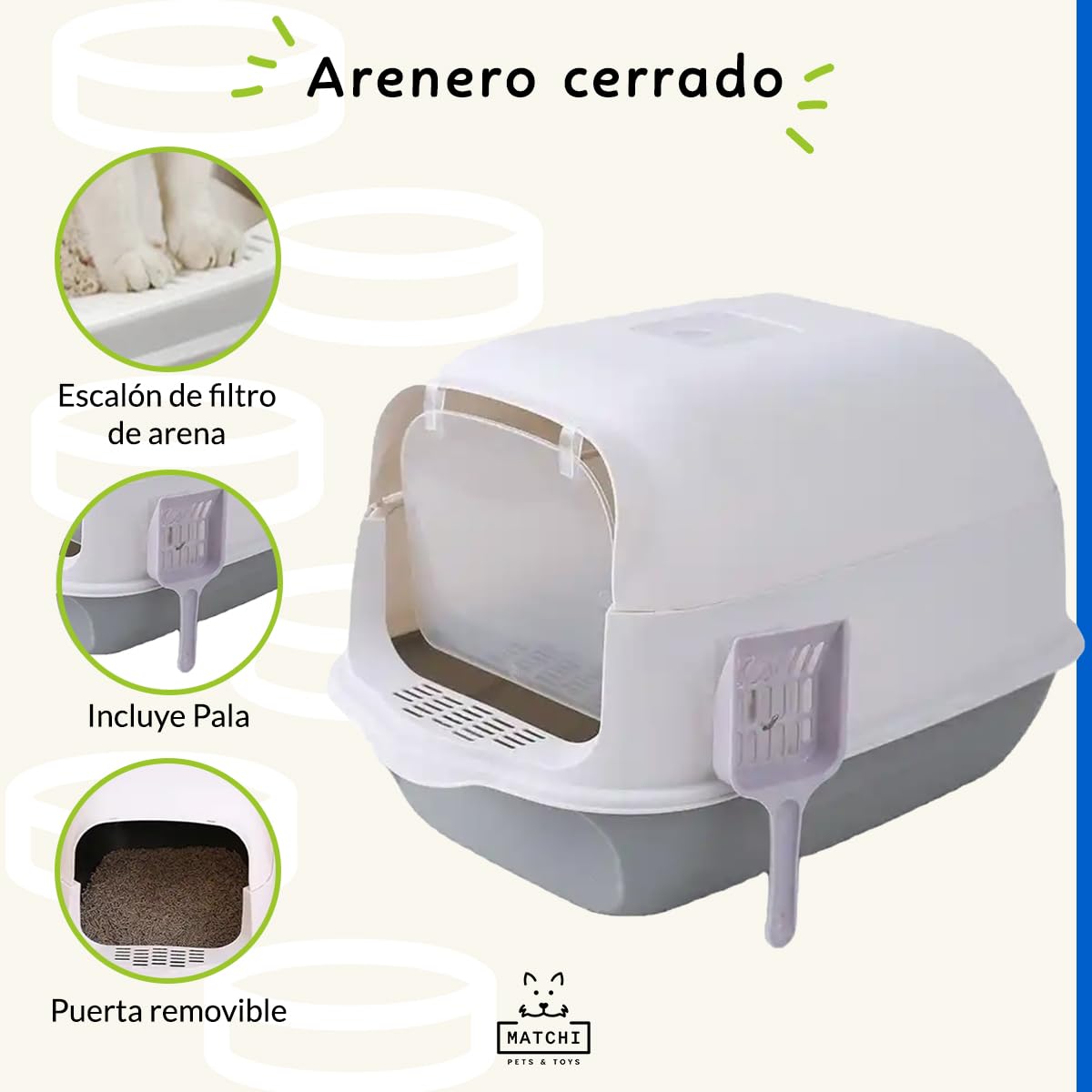 Arenero Cerrado MATCHI con Pala y Filtro Sanitario Azul para Gatos