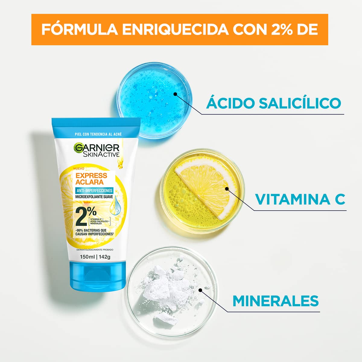 Garnier Express Aclara Exfoliante Anti Acne 150 ml + Garnier Gel Limpiador Facial Tono Uniforme con Vitamina C Express Aclara 150ml, 170 grams, 150 mililitro, 1