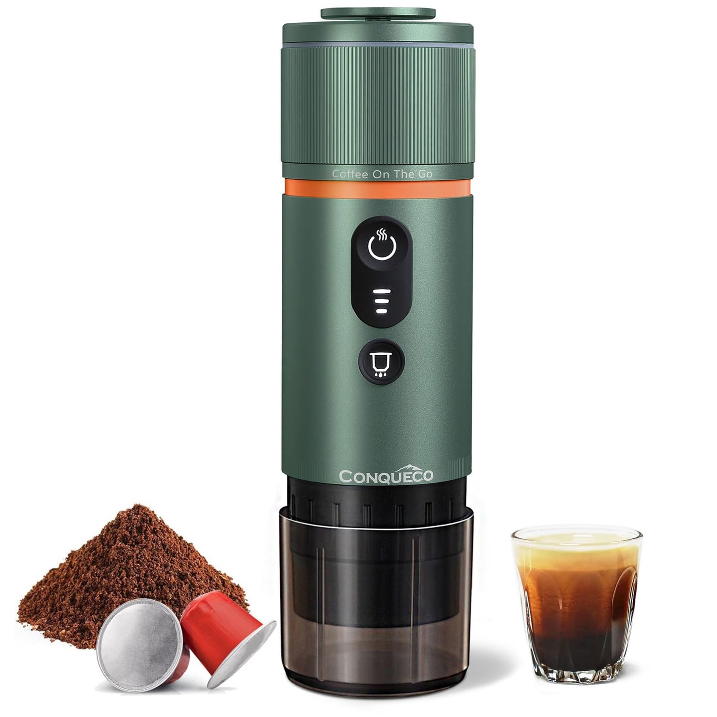 CONQUECO - Máquina de café expreso portátil de 12 V eléctrica pequeña máquina de viaje expresso – autocalentamiento, 8 tazas alimentadas con pilas compatible para cápsula Nespresso, para camping,