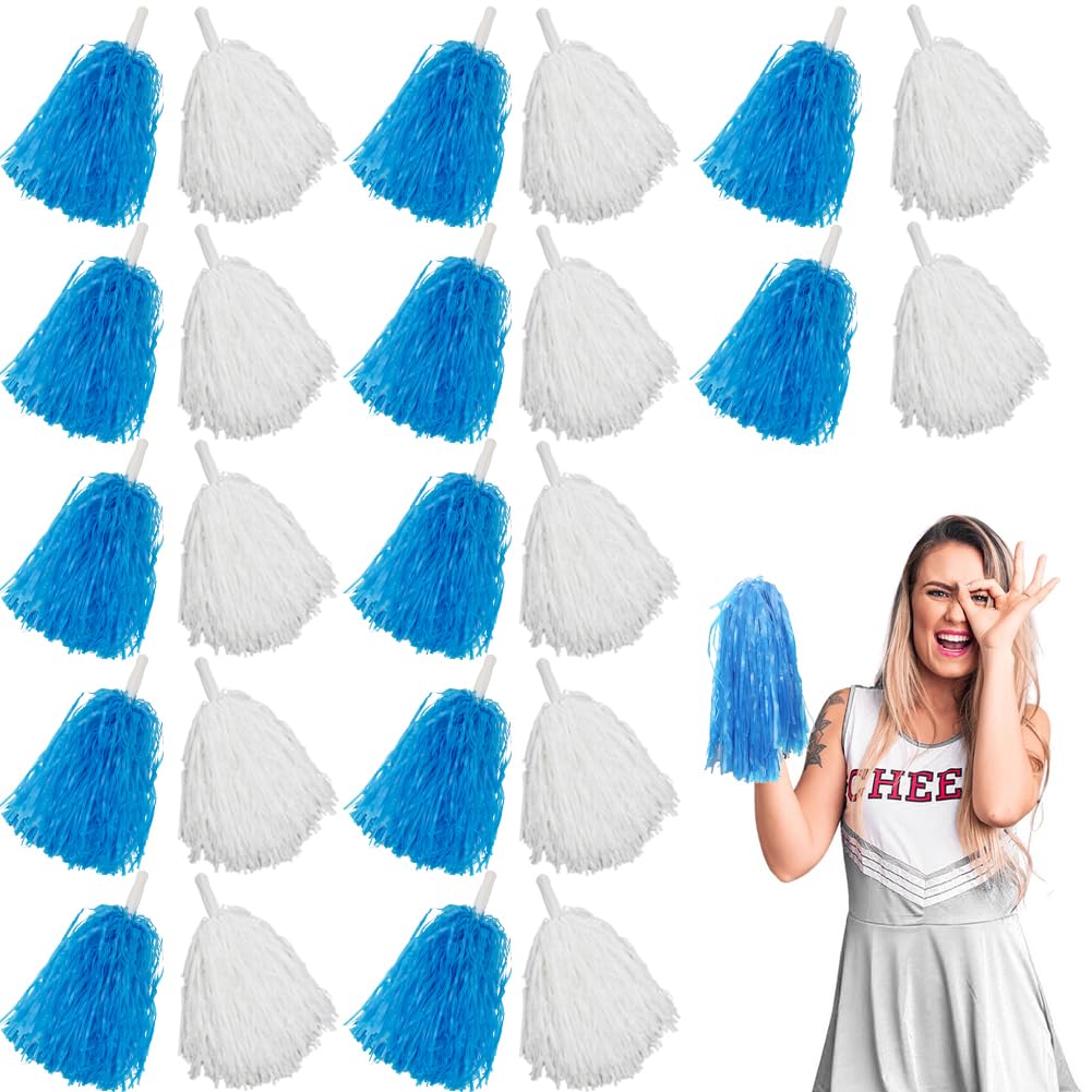 Lovecheer - 24 pompones de animadora azul y blanco con asa para deportes, danza espiritual y actuación de fiesta