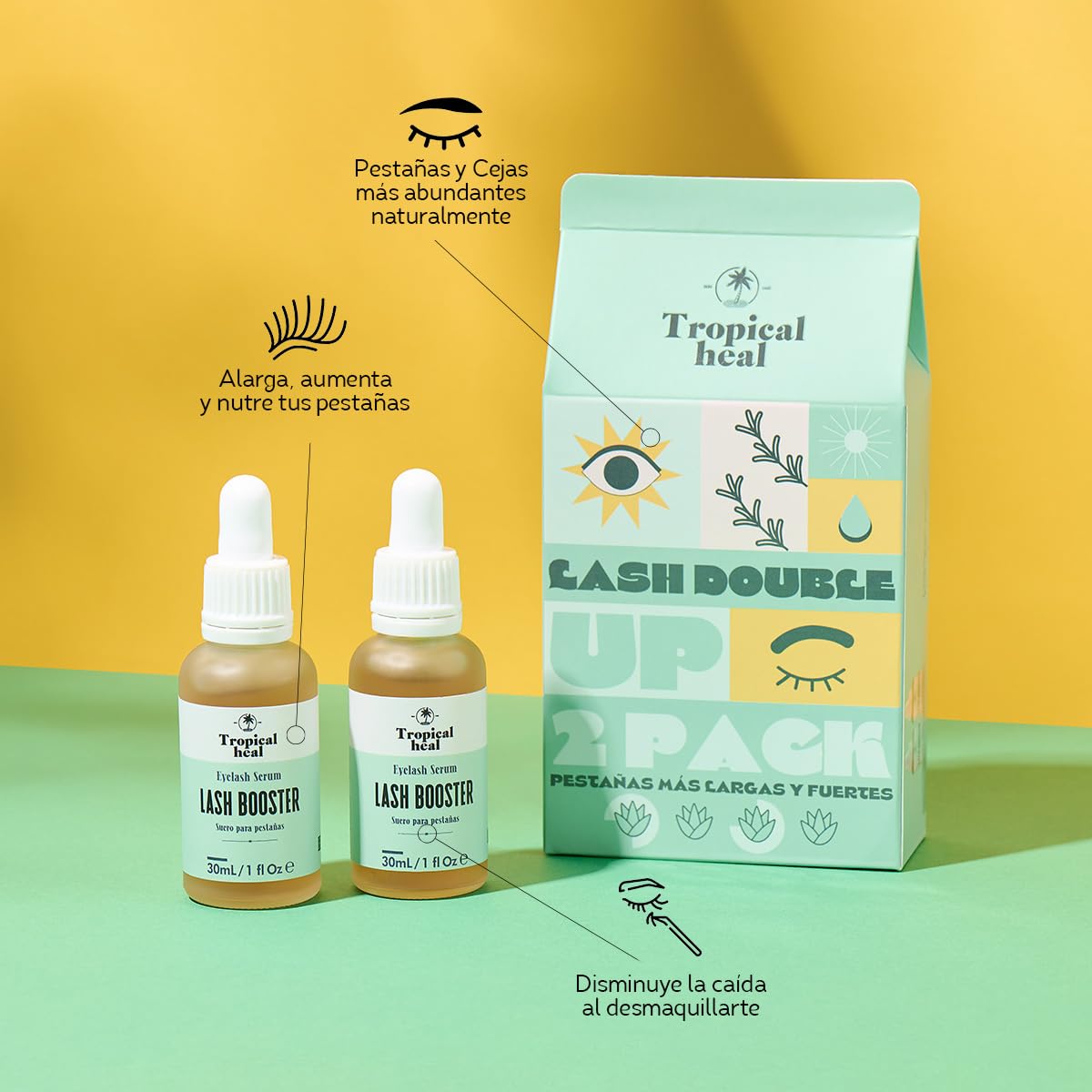 Tropical Heal - 2 Sueros Naturales Lash Booster para Crecimiento de Pestañas y Cejas - Tratamiento Nutritivo y Fortalecedor para Pestañas Más Largas y Fuertes - Fórmula con Extractos 100% Naturales, 30 ml c/u