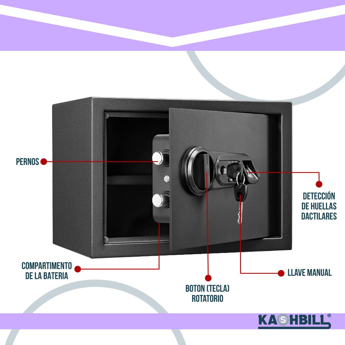 KASHBILL Caja Fuerte Mediana Biométrica 25x35x25 cm Modelo CFB02 con Cierre de Huella Digital y Llave de Emergencia, Ideal para Seguridad en Hogar y Oficina