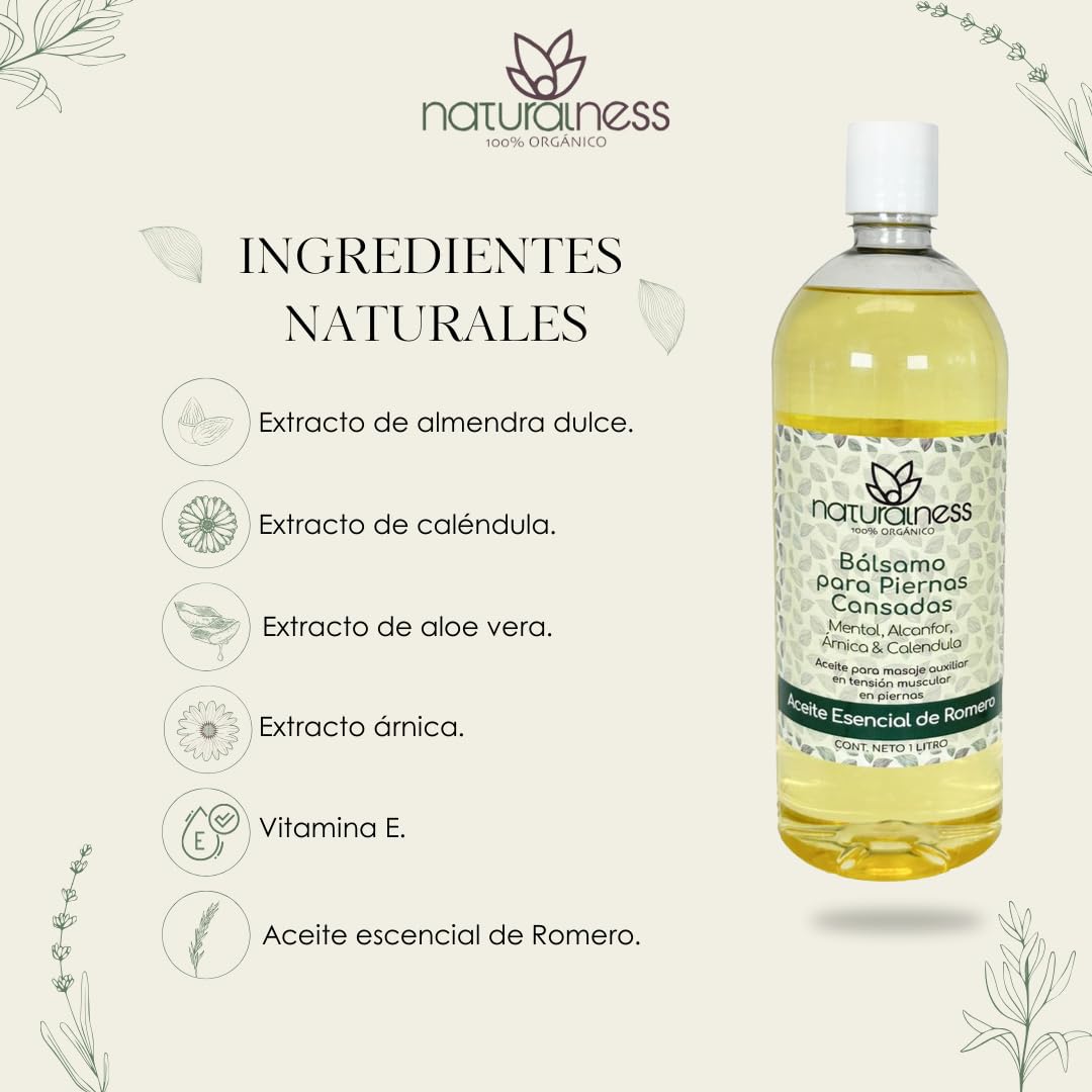 Aceite para Masaje Naturalness 1 Litro Bálsamo Profesional Romero árnica Mentol Alcanfor para Piernas Cansadas