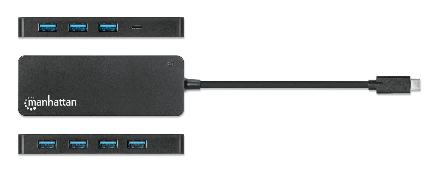 Manhattan 168410 Hub USB-C con 7 Puertos USB-A 3.2, Transferencia Rápida de 5 Gbps, Alimentación por Bus, Transferencia de Datos a 5 Gbps, Diseño Compacto, Negro