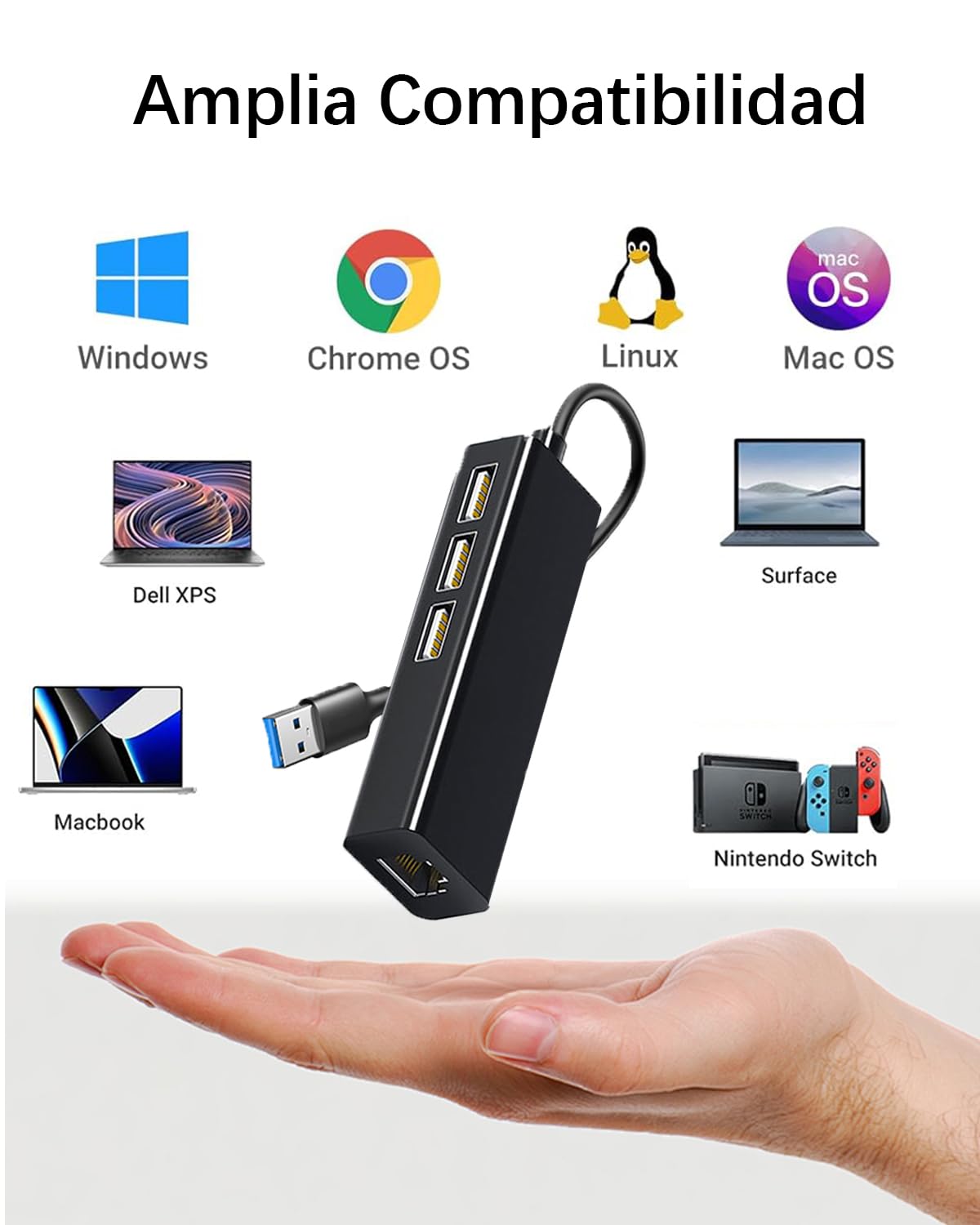 Adaptador Ethernet USB A 3.0 YRTRGJ Blanco con Hub y Docking Station Compatible con PC, MacBook, Surface y Windows