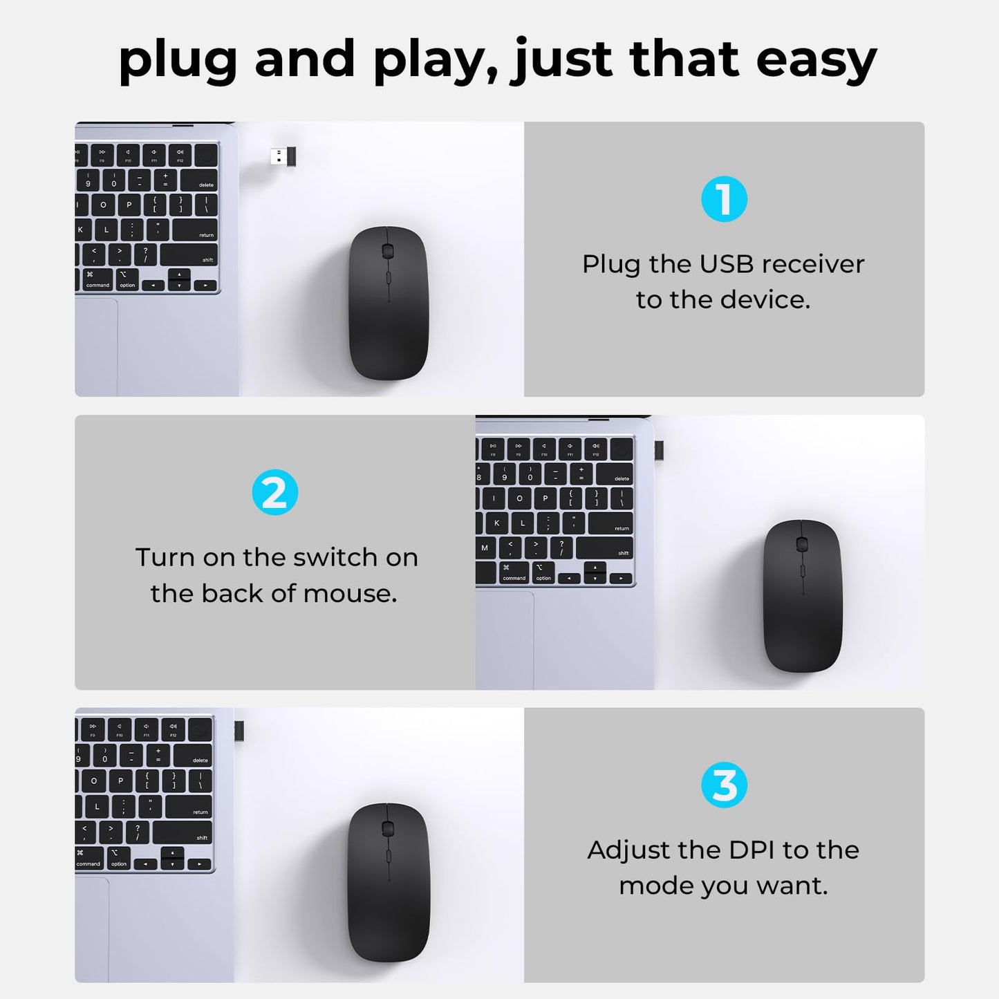 cimetech Ratón inalámbrico Receptor USB A y Tipo C, Clic silencioso, Recargable Tipo C, Revestimiento de Goma Suave al Tacto, ratón de Viaje Delgado para Ordenador portátil MacBook Air/Pro -Negro