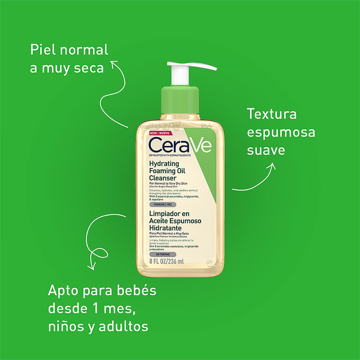 CeraVe Limpiador en Aceite Piel Normal a Muy Seca 236ml + Gel Limpiador Espumoso |473ml| Limpiador diario para piel mixta, grasa o con acné | Libre de fragancia