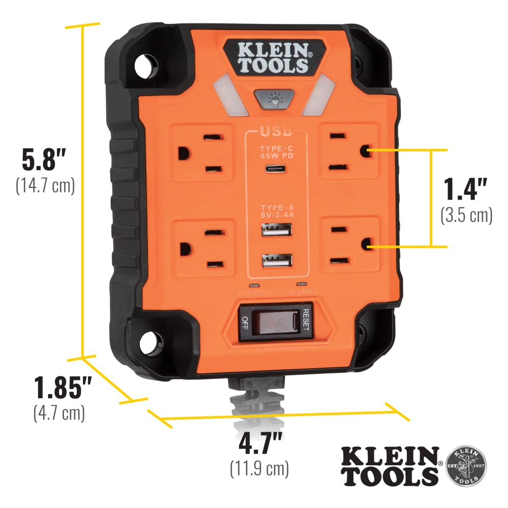 Klein Tools 29601 Multicontacto magnético con Protector de sobretensión, Cable de extensión, 4 Tomas, 3 Puertos USB, Cable de 1.5 Metros, con luz, PowerBox 1